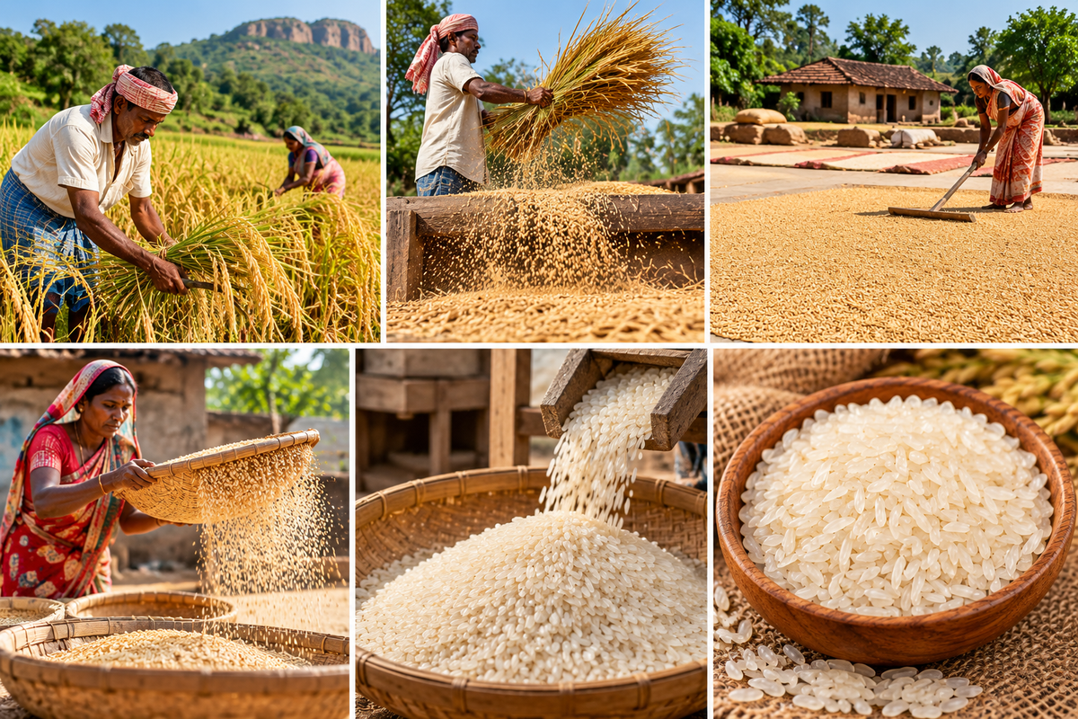 A six-panel collage showing the harvest, drying, and processing of rice.