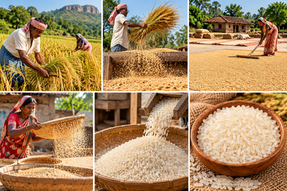 A six-panel collage showing the harvest, drying, and processing of rice.