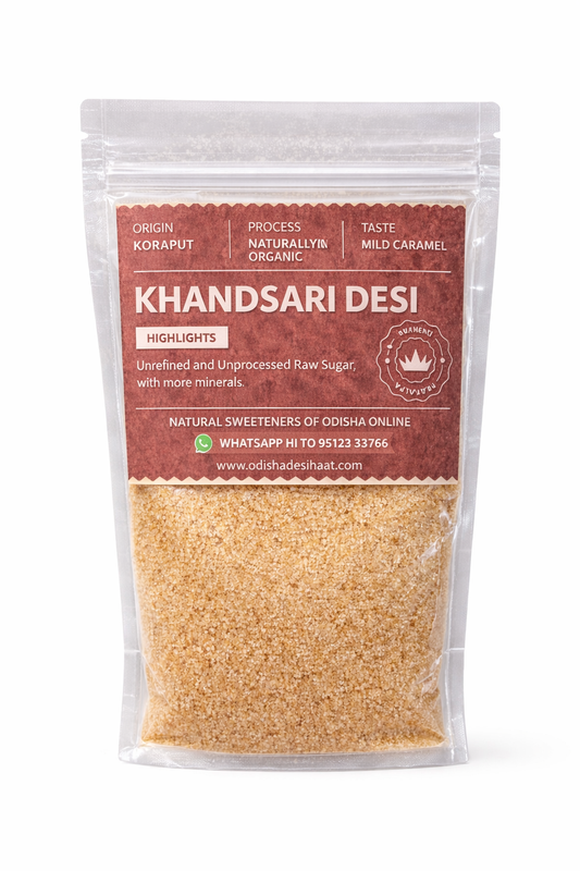 Packaged product with 'Khandsari Desi' label on a white background