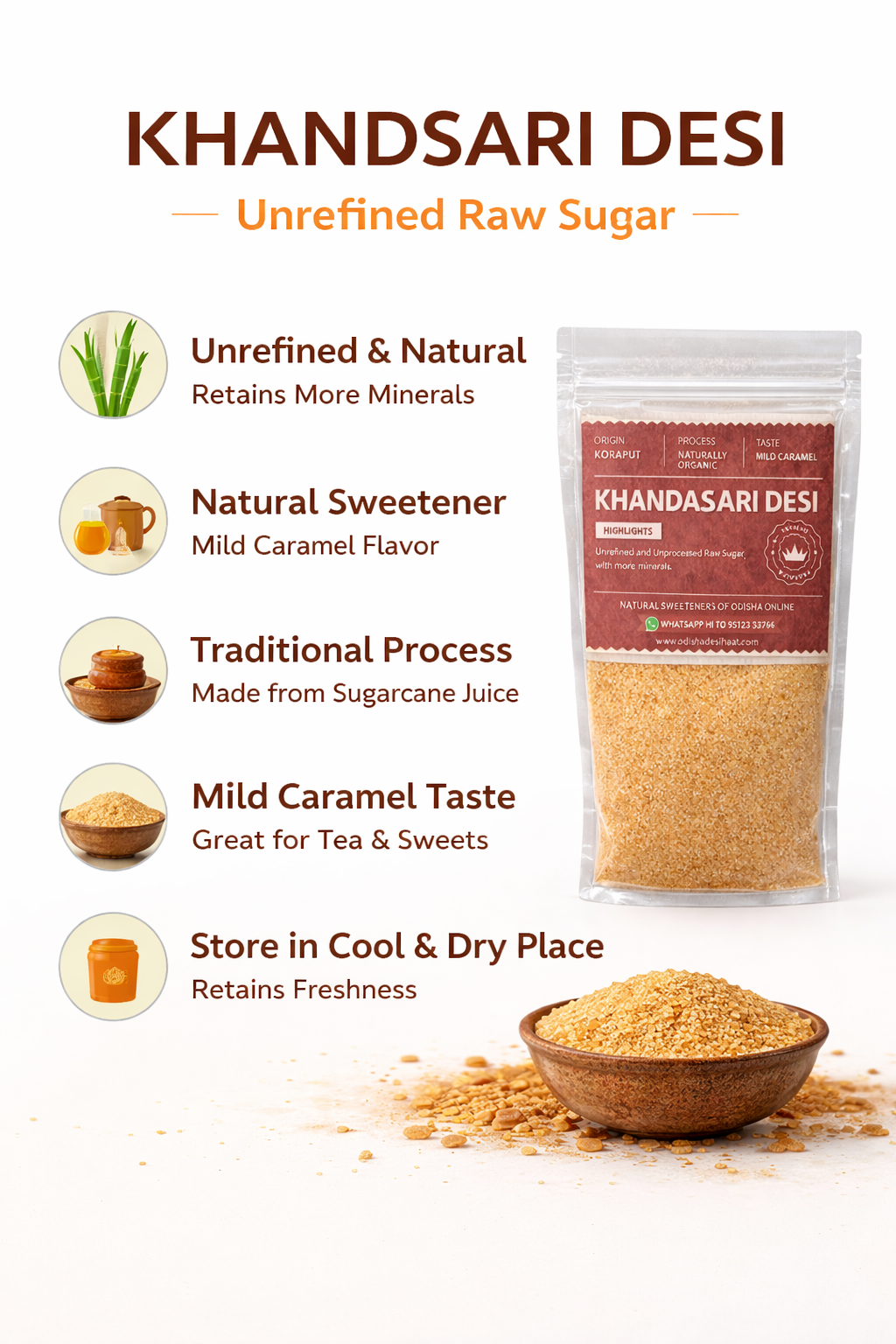 Khandsari Desi unrefined raw sugar packaging with text on a white background