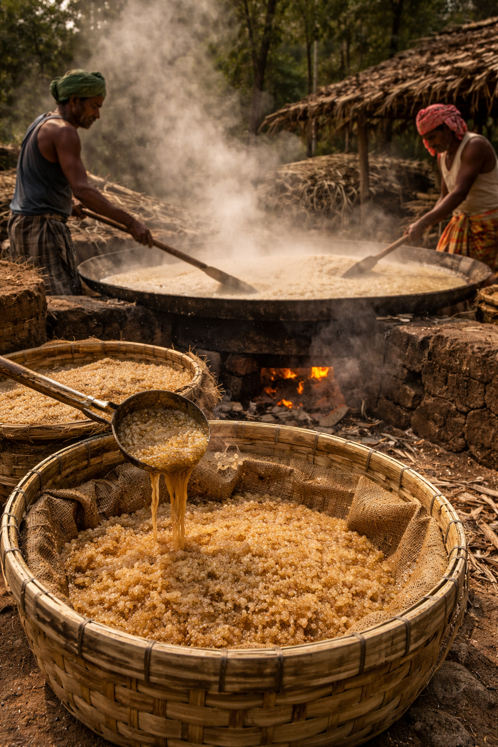 Two people cooking food in large pots over an open fire outdoors.