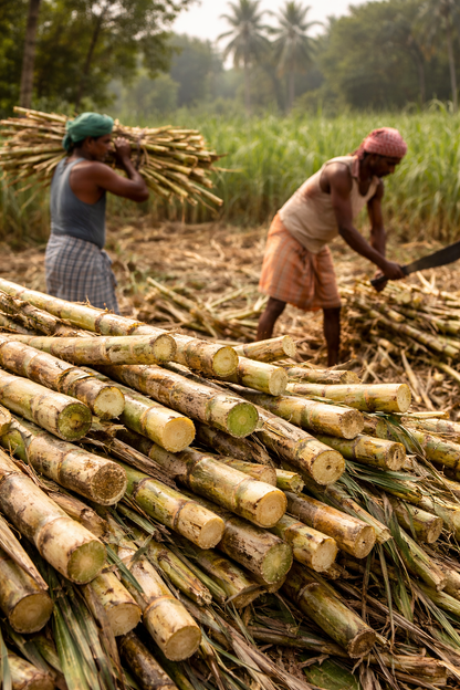 Two workers in a sugarcane field with a pile of harvested sugarcane in the foreground.