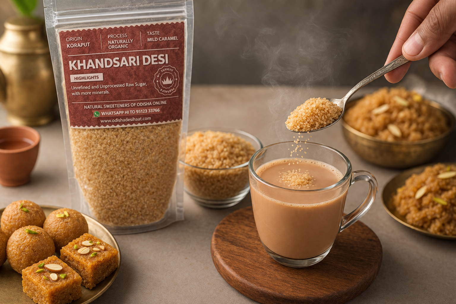 Khandsari Desi spice package with a spoonful of spice over a cup of tea, surrounded by snacks on a wooden board.