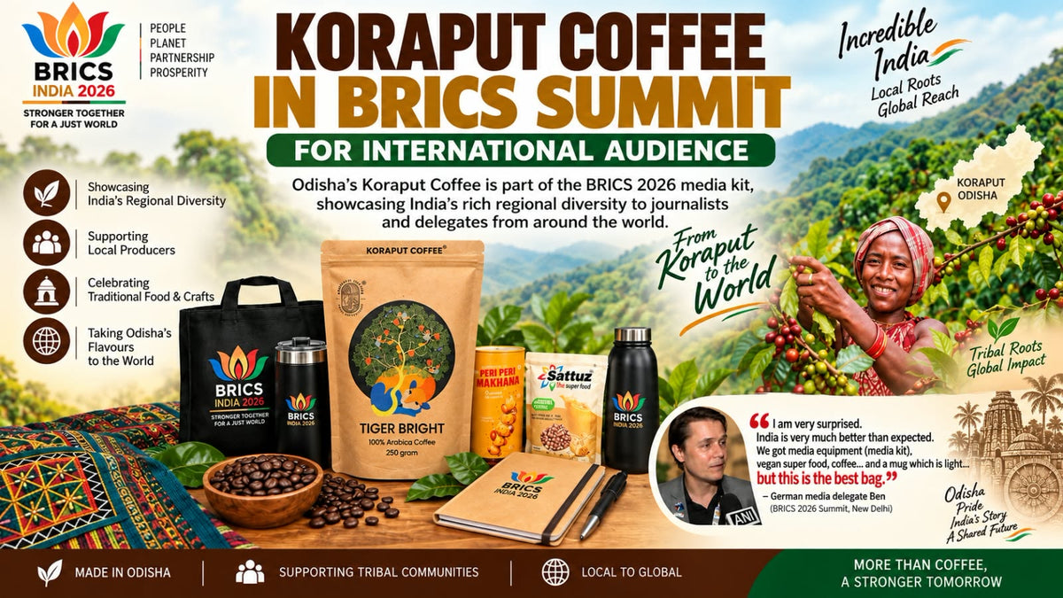 A promotional infographic banner for 'Koraput Coffee in Brics Summit' featuring various coffee products from brands like Brics, Tiger Bright, and Satvik. The banner includes product mockups, a photo of a woman in a coffee plantation, and text highlighting the benefits of Koraput coffee for international audiences.