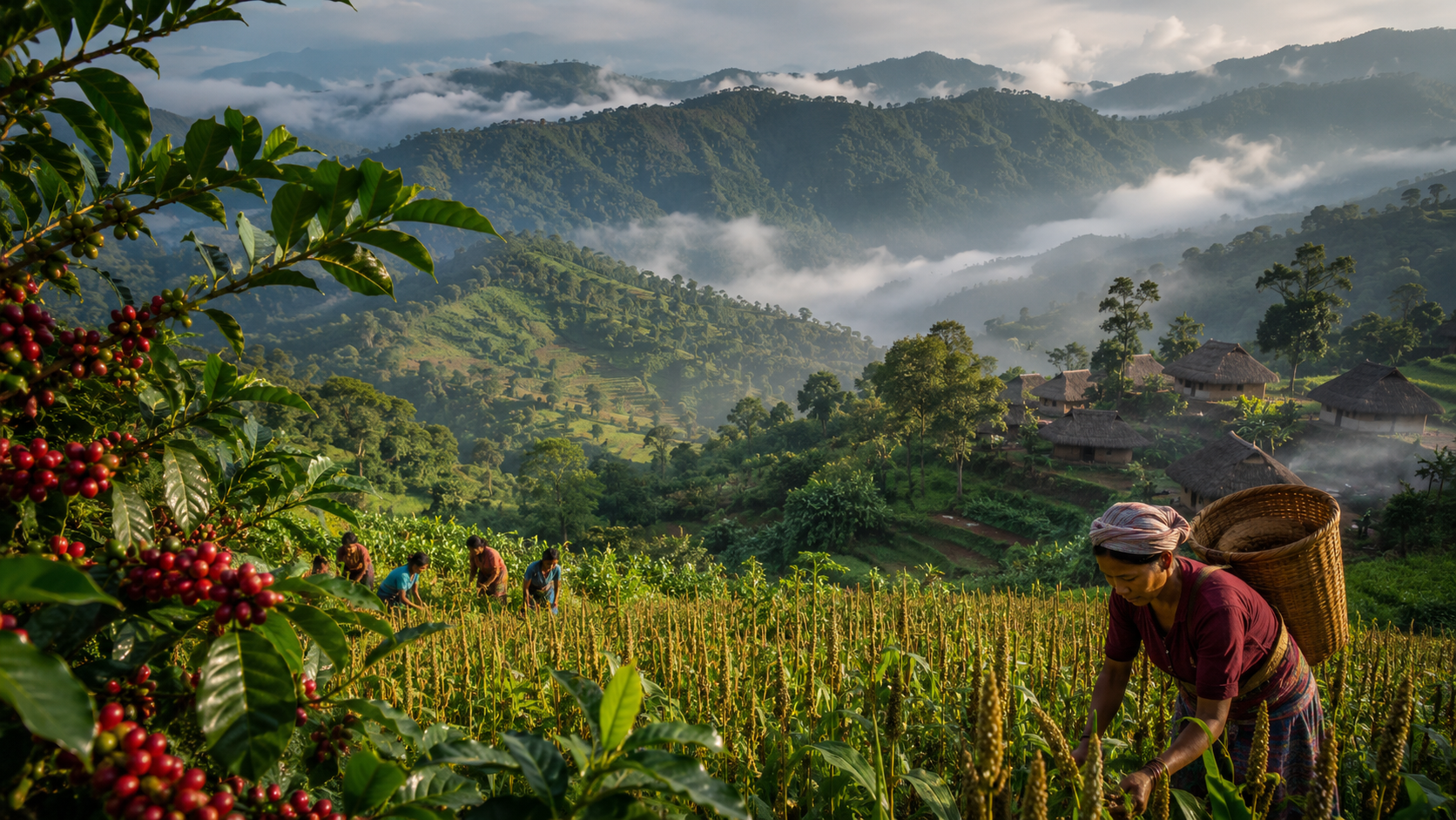 People working in a coffee field with mountains in the background