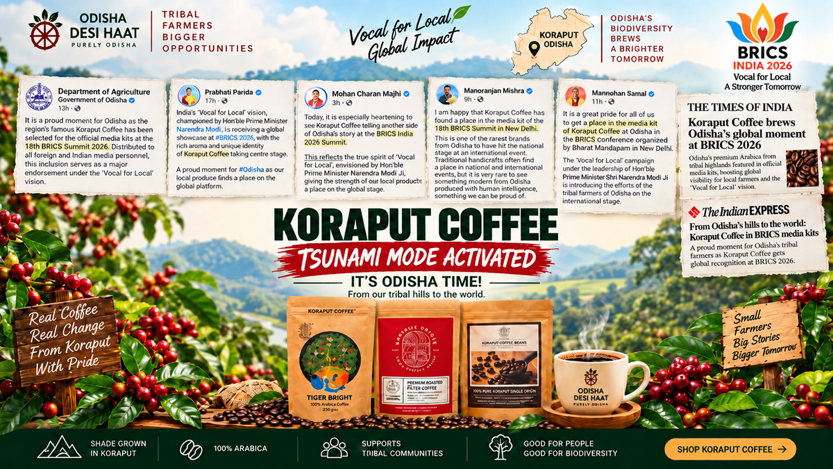 A promotional infographic banner for Koraput Coffee from Odisha, India, featuring text blocks, logos, coffee packaging, a cup of coffee, and a rustic table setting with red berries and green leaves.