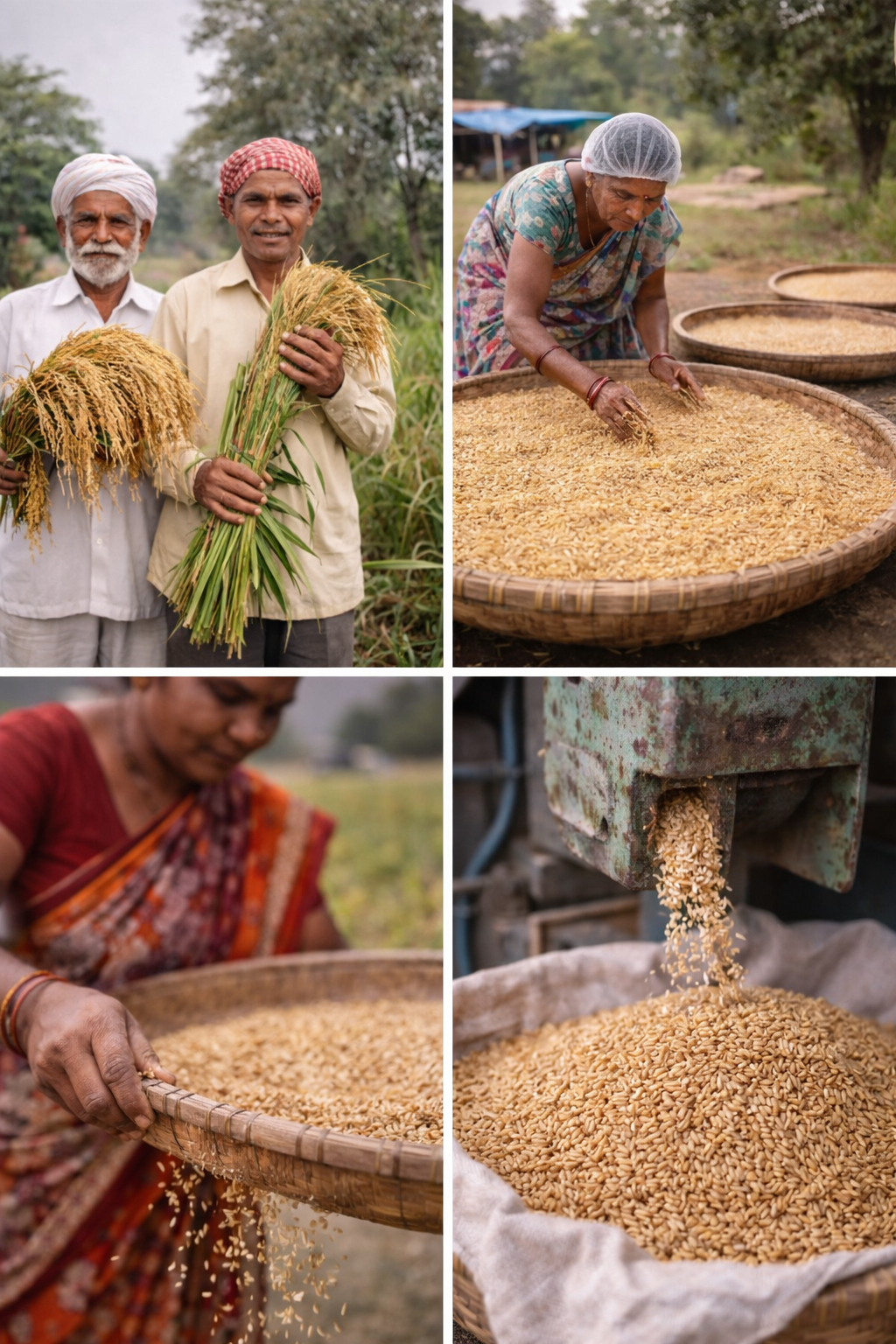 Collage of people processing rice in a field and with a machine.