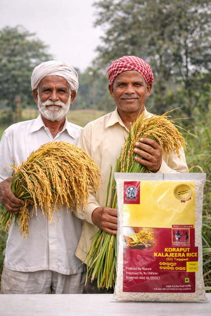 Two men holding rice plants with a package of Koraput Kalahara Rice in the foreground.