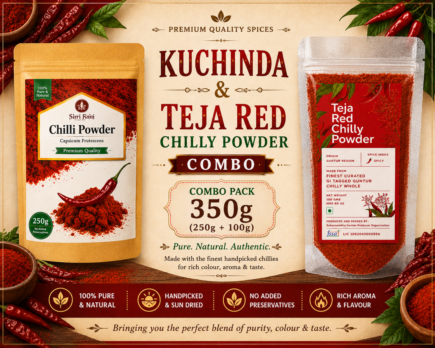 Kuchinda and Teja Red Chilly Powder combo pack with packaging details on a decorative background.
