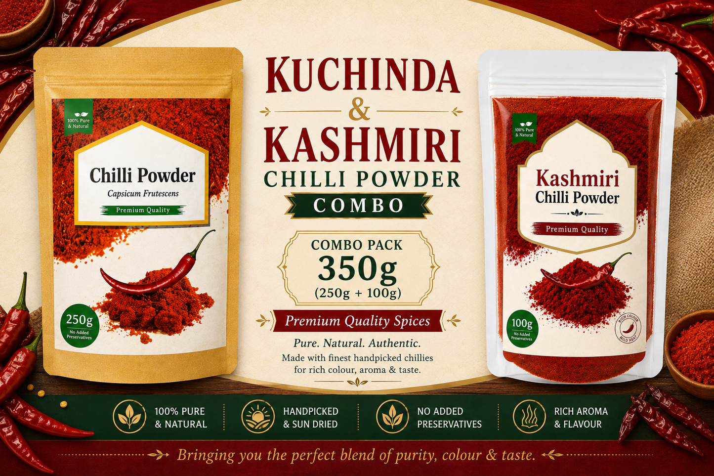 Kuchinda & Kashmiri Chilli Powder combo pack with packaging details on a wooden background.