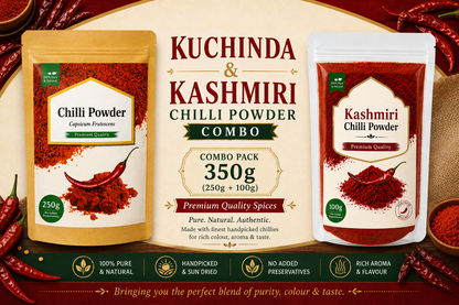 Kuchinda & Kashmiri Chilli Powder combo pack with packaging details on a wooden background.