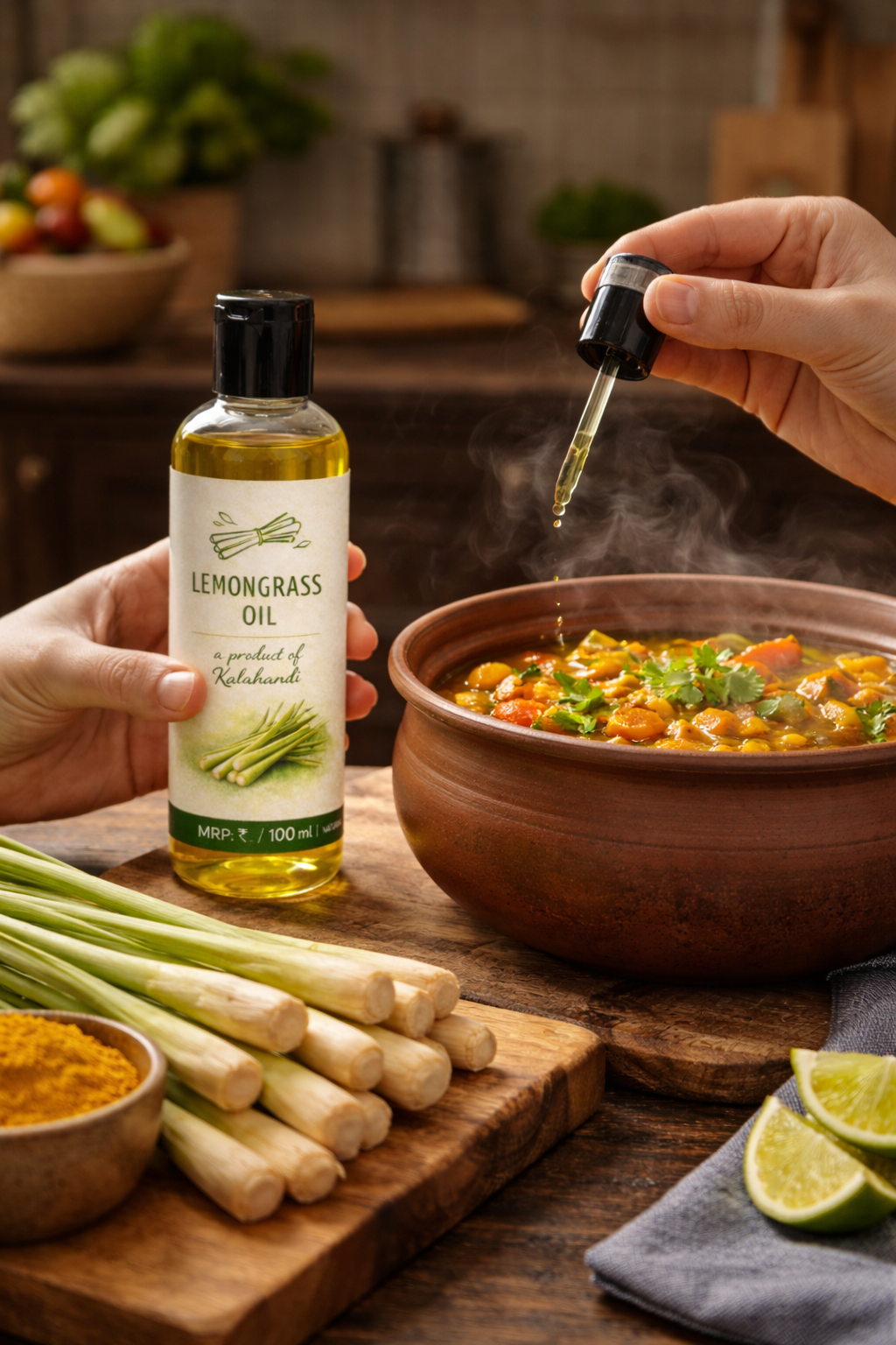 Person using lemongrass oil bottle over a bowl of food with lemongrass and lime on a wooden table.