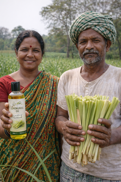 Two people holding a bottle of lemongrass oil and a bundle of lemongrass stalks in an outdoor setting.