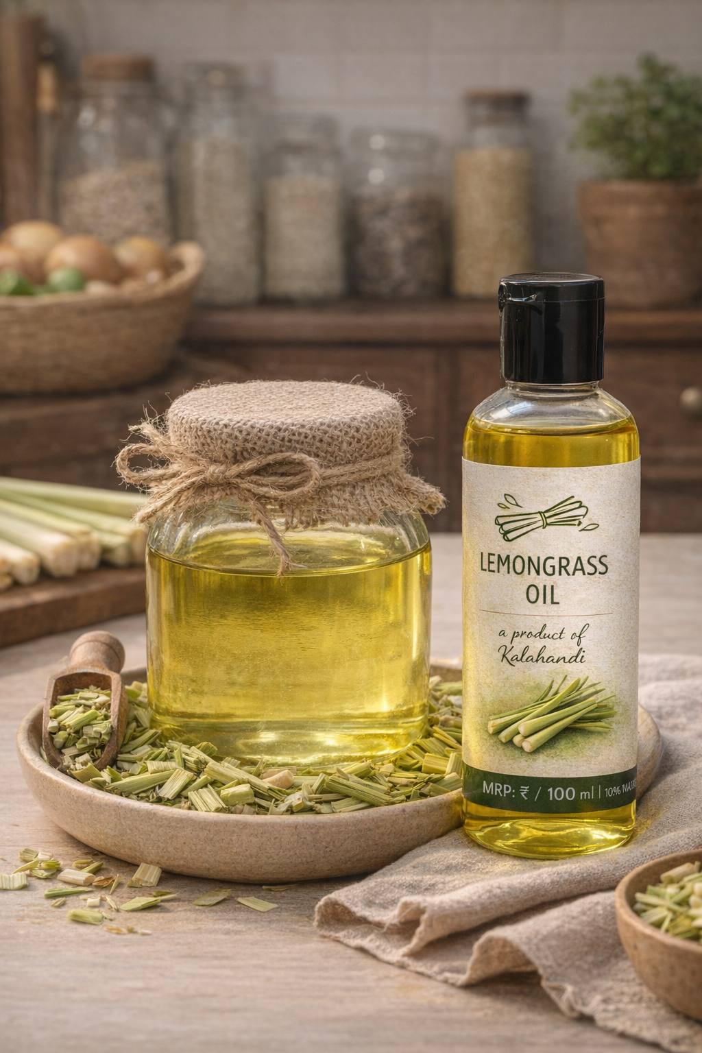 Jar of lemongrass oil and a bottle of lemongrass oil on a wooden surface with a rustic background.