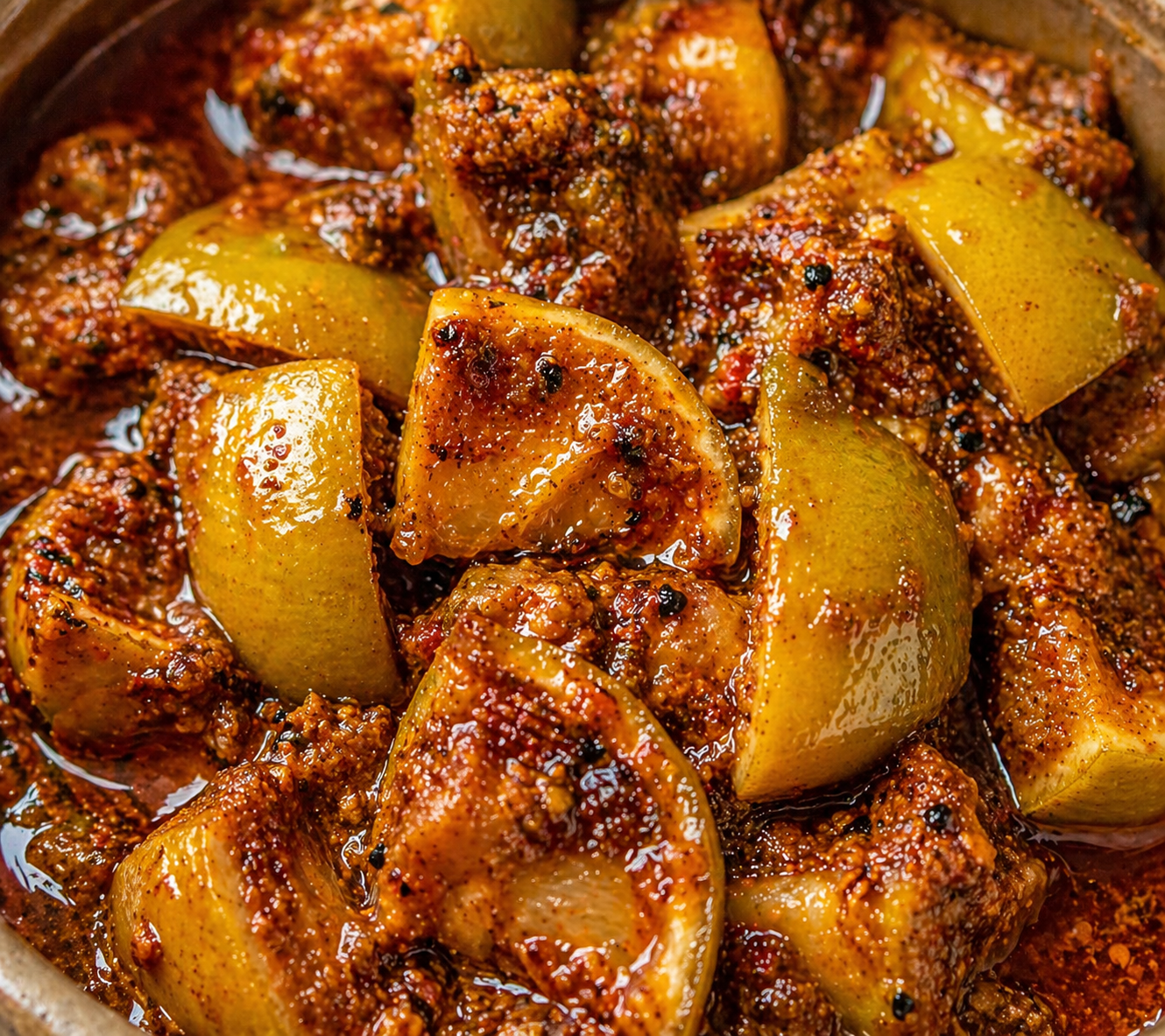 Close-up of a dish with potatoes and meat in a spicy sauce