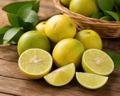 Lemons on a wooden surface with a basket of lemons in the background