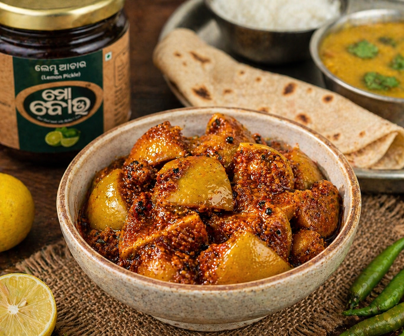 Bowl of potato curry with a jar of pickle and flatbread on a wooden surface