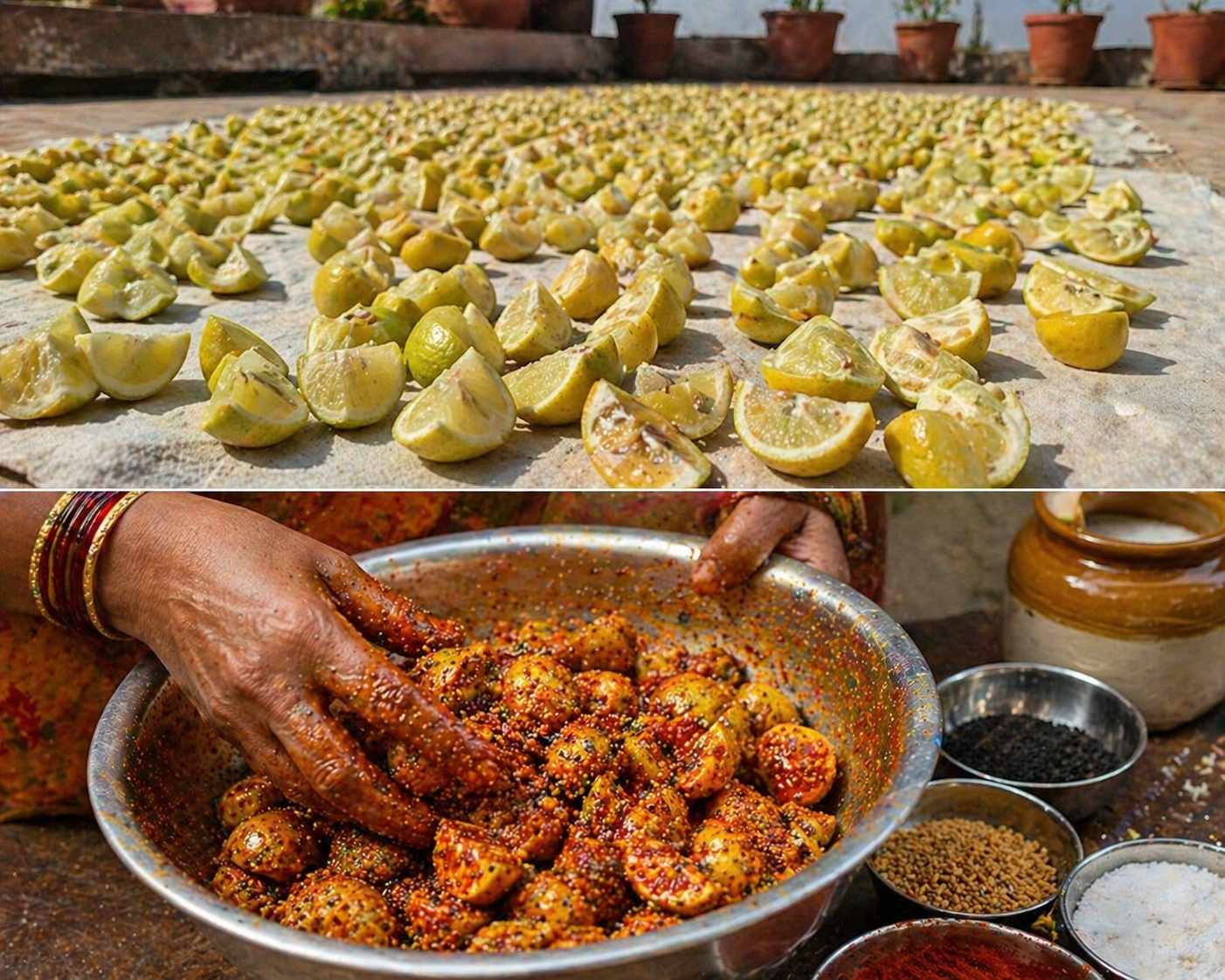Top image: Lemons drying on a stone surface. Bottom image: Hands preparing food with spices.