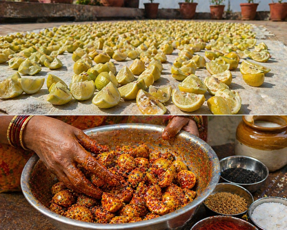 Top image: Lemons drying on a stone surface. Bottom image: Hands preparing food with spices.