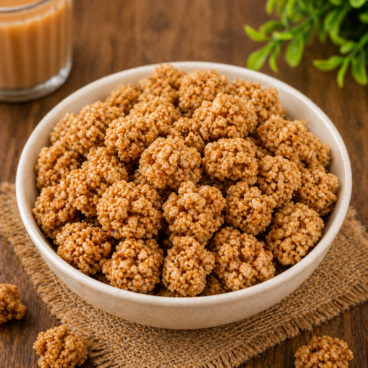 White bowl filled with brown spherical snacks on a wooden surface.