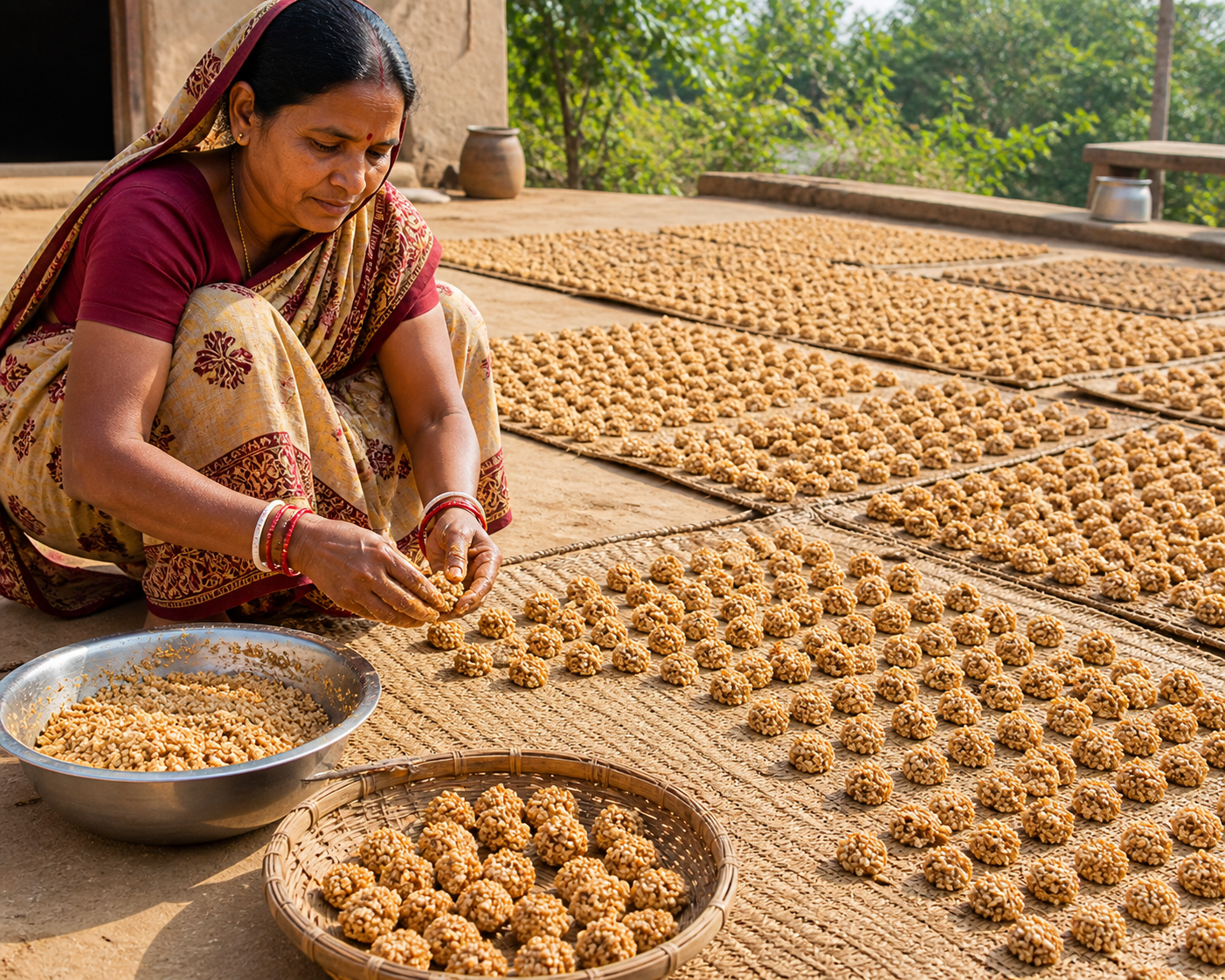 Woman sorting food items on a wooden surface with greenery in the background
