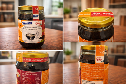 Collage of jars of Ormas and Jagdern pure liquid jaggery on a wooden surface.