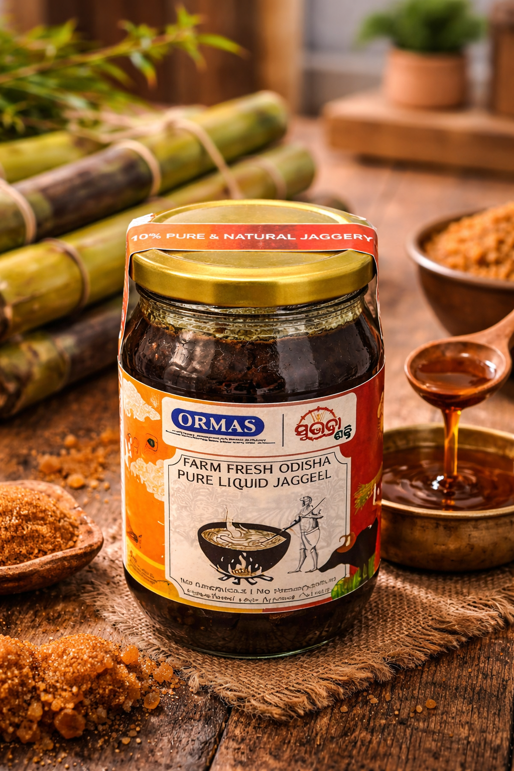 Jar of Ormas Jaggeel on a wooden surface with sugarcane and bowls of jaggery in the background.
