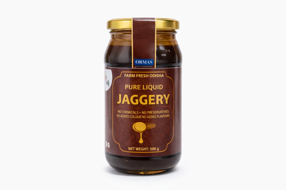 Jar of pure liquid jaggery with a brown label on a white background