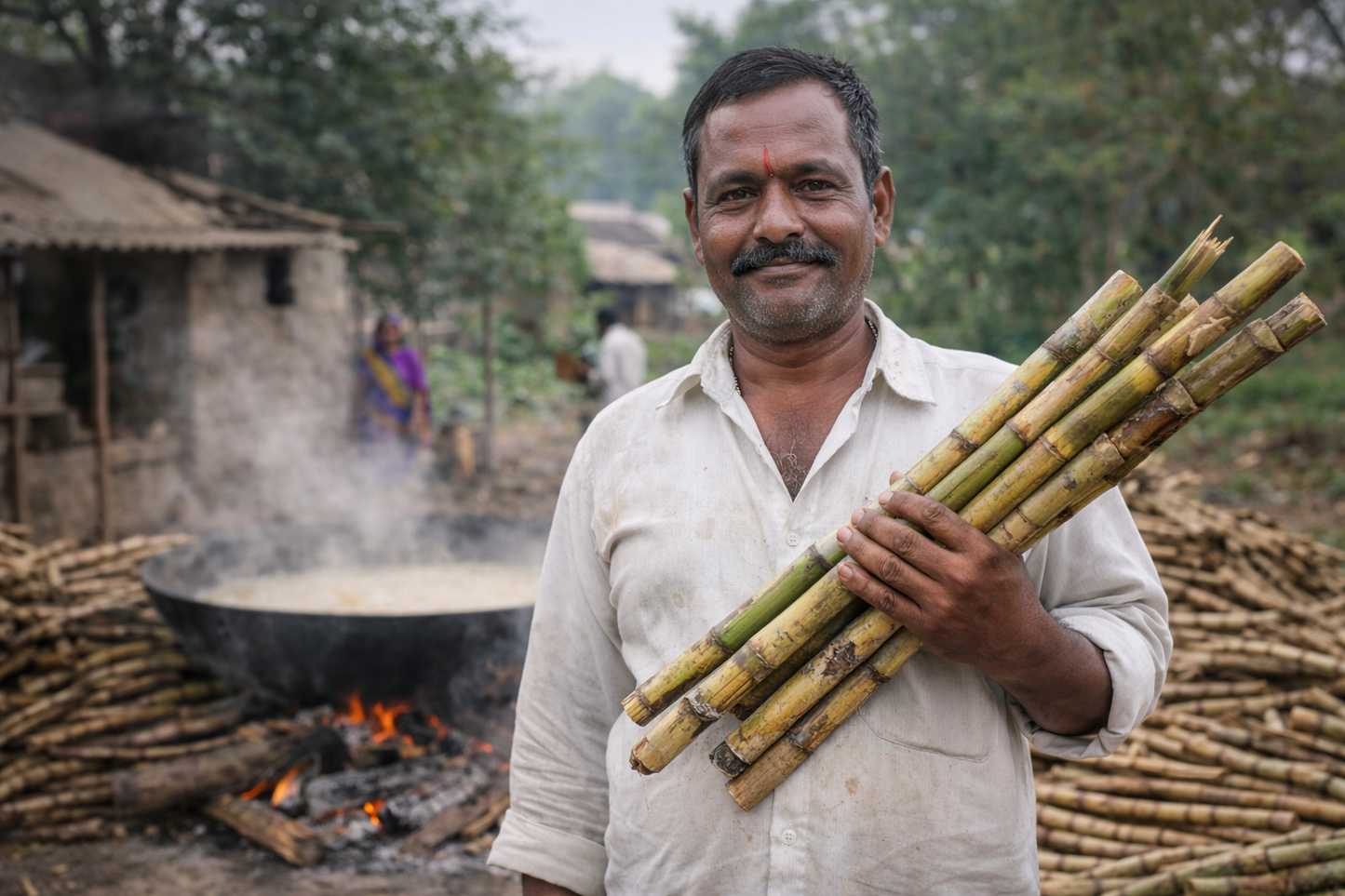 Man holding sugarcane stalks in a rural setting with a fire and traditional hut.