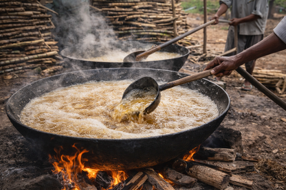 Person frying food in a large wok over an open fire with smoke rising.