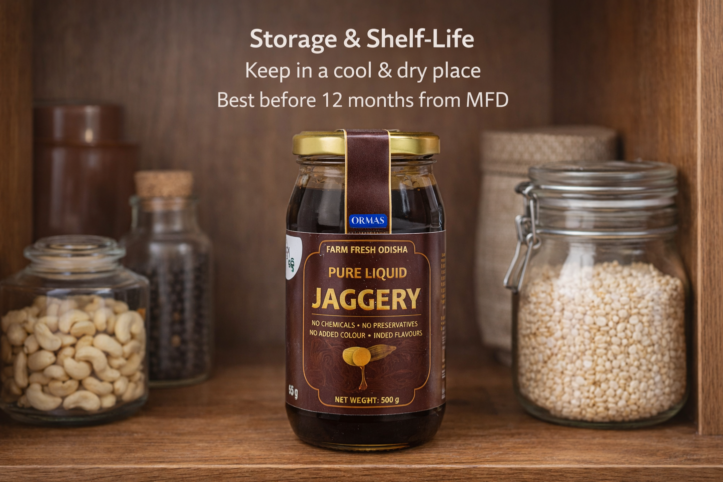 Jar of pure liquid jaggery on a wooden shelf with storage and shelf-life information.