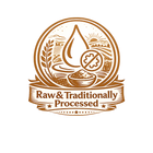 Logo with a droplet, bowl of food, and no-transgenic symbol, with 'Raw & Traditionally Processed' text.