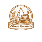 Logo with a mortar and pestle, grains, and a banner reading 'Stone Ground' on a white background.