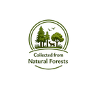 Logo with green trees, deer, and birds in a circular frame on a white background with text 'Collected from Natural Forests'.