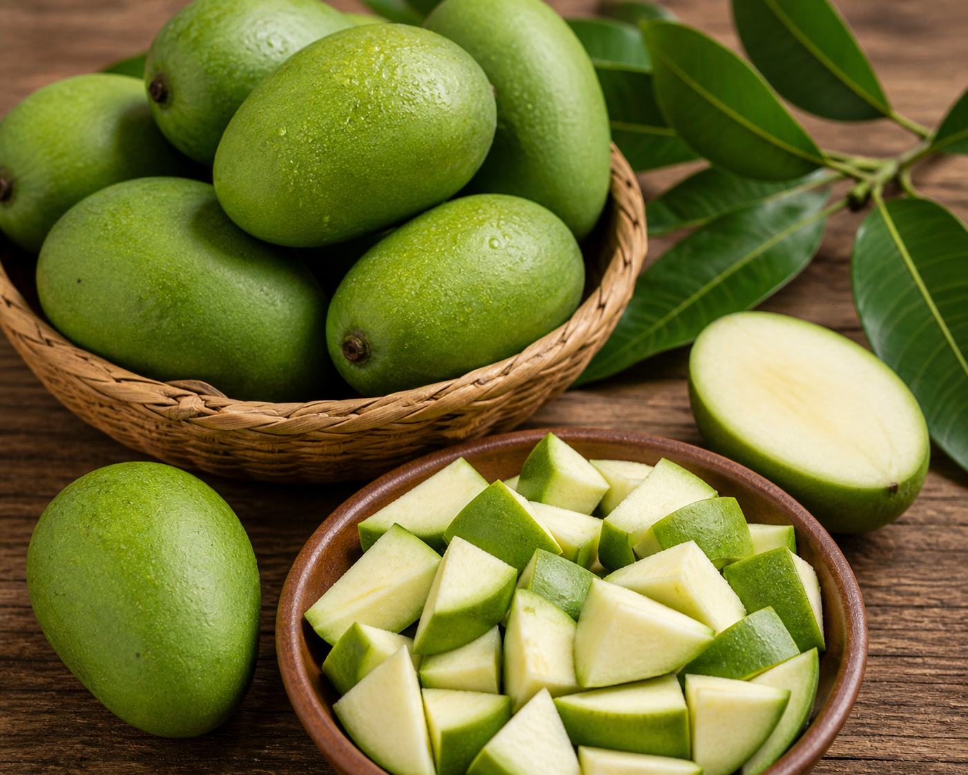 Green mangoes in a basket and on a wooden surface with leaves.