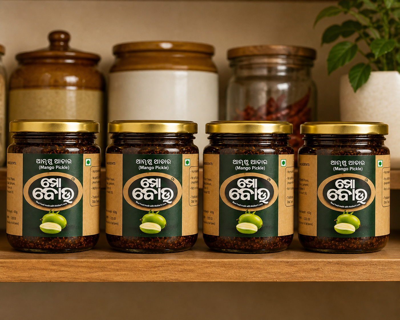 Jars of pickles with green labels on a wooden shelf.