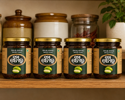 Jars of pickles with green labels on a wooden shelf.