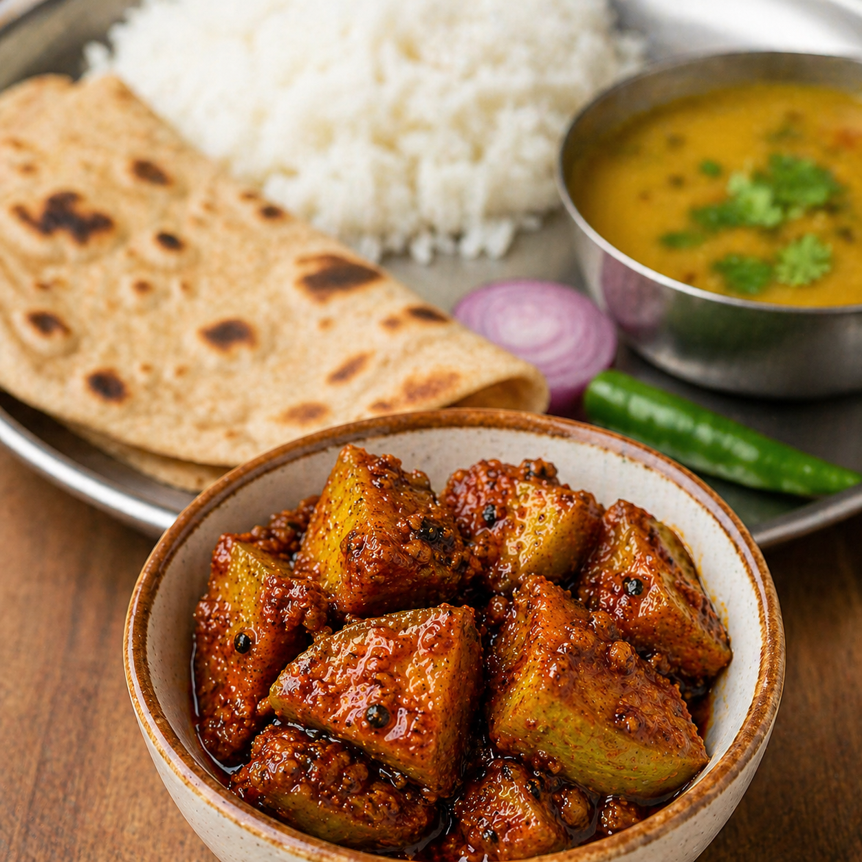 Bowl of fried potatoes with a side of rice, naan bread, and curry on a wooden table.