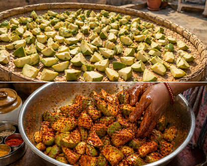 Top image: Diced green vegetables on a large woven tray. Bottom image: Seasoned okra in a metal bowl with a hand.