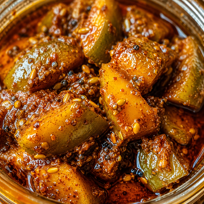 Spiced pickled vegetables in a glass jar