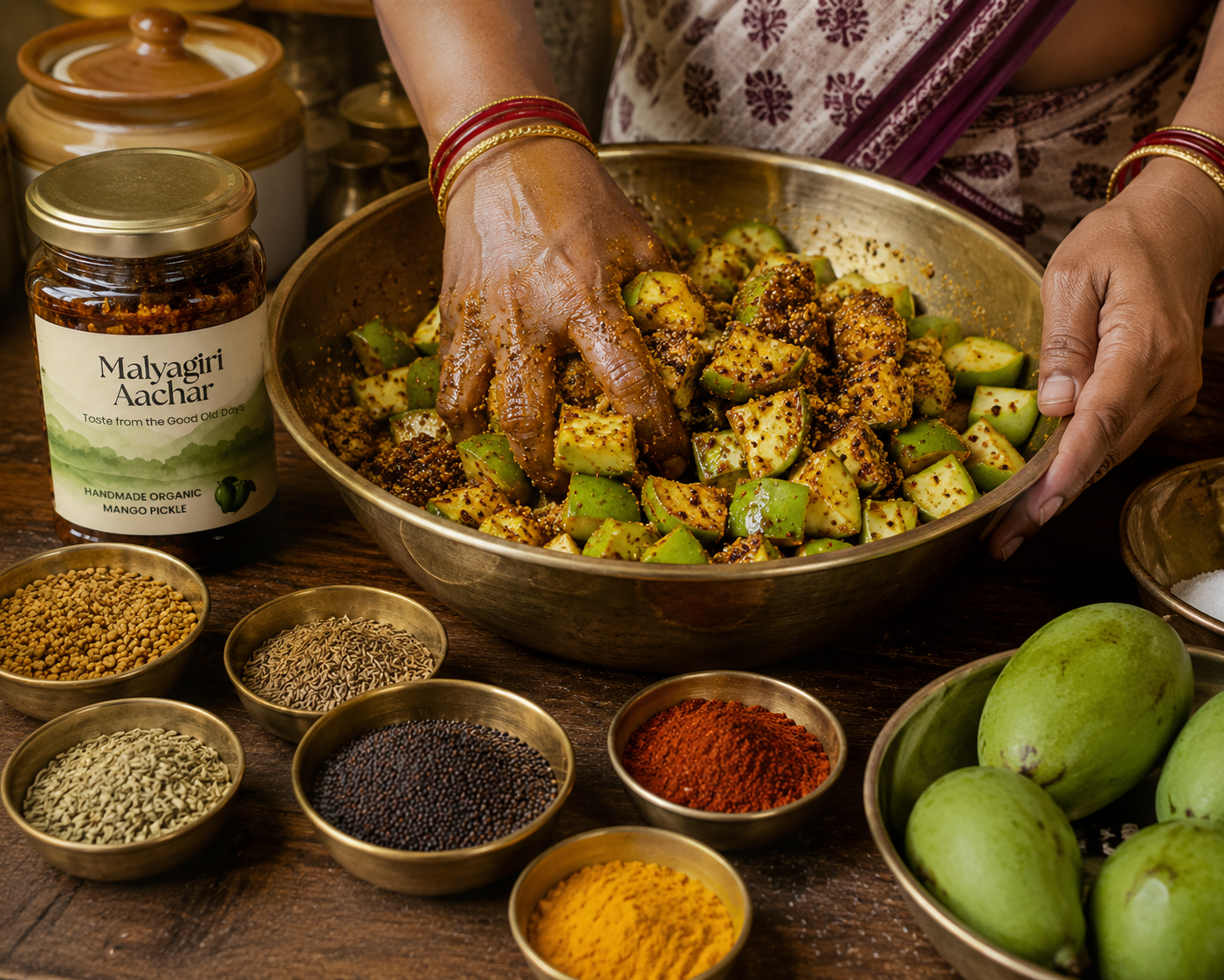Person preparing a dish with spices and ingredients on a wooden table, featuring Malyagri Aachar jar.