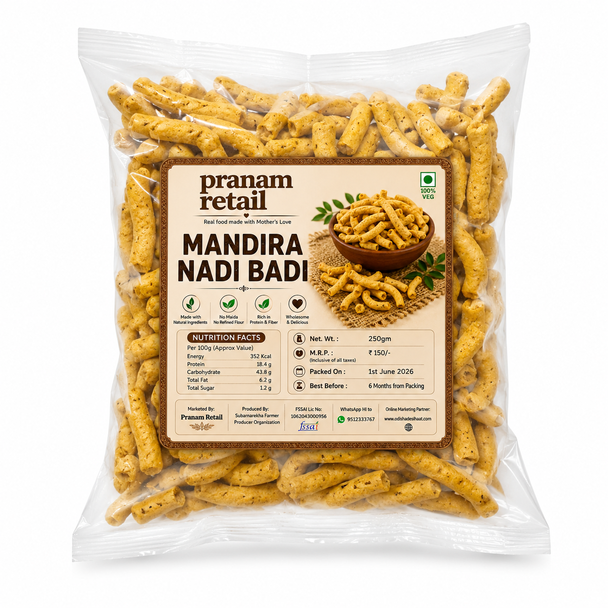 Packaged snack with Pranam Retail label on a white background