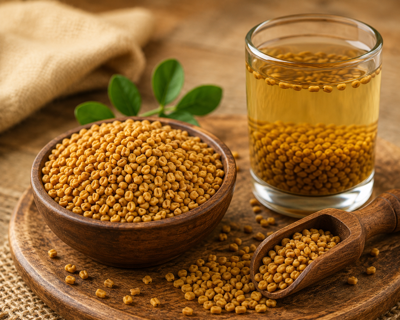 Mustard seeds in a wooden bowl and glass on a wooden surface with mustard leaves.