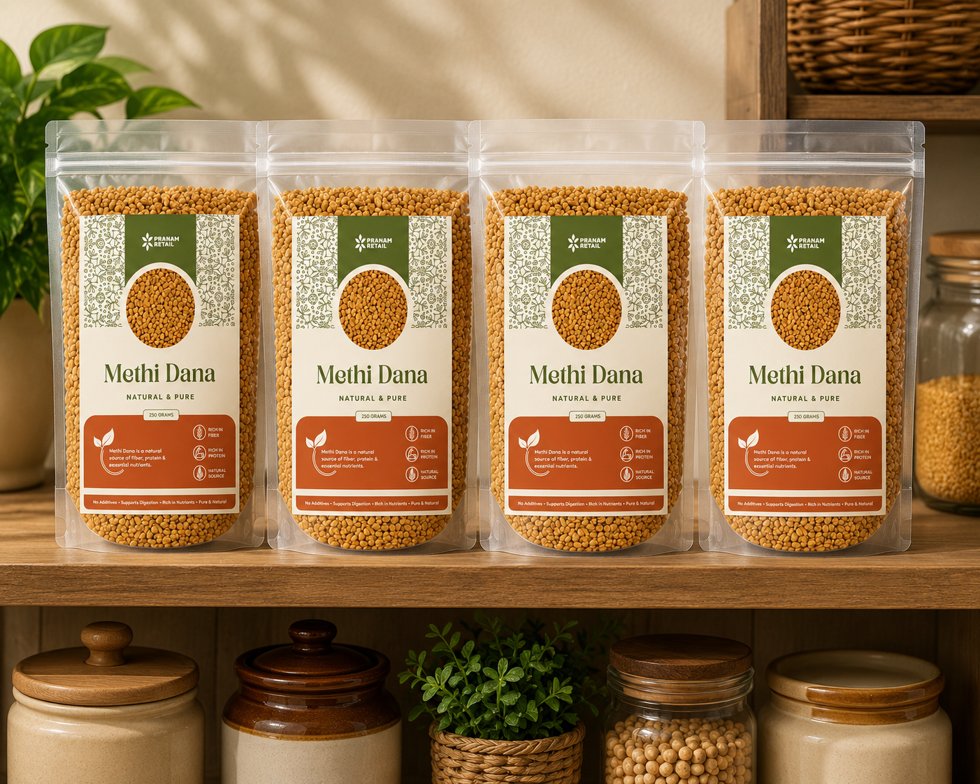 Four packages of Methi Dana on a shelf with jars and plants in the background