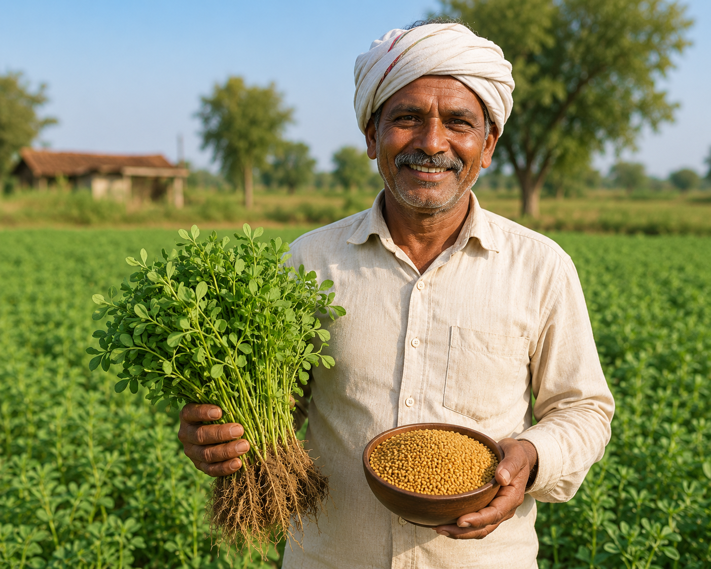 Man holding greens and a bowl of grains in a field