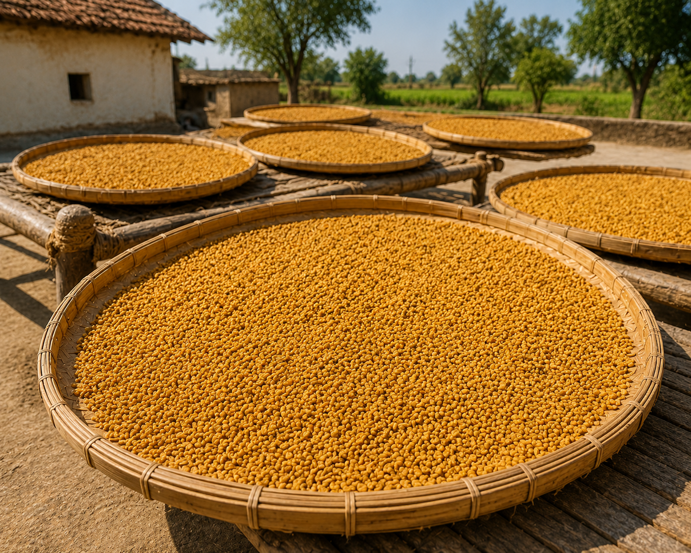 Round woven trays filled with yellow seeds outdoors near a building.
