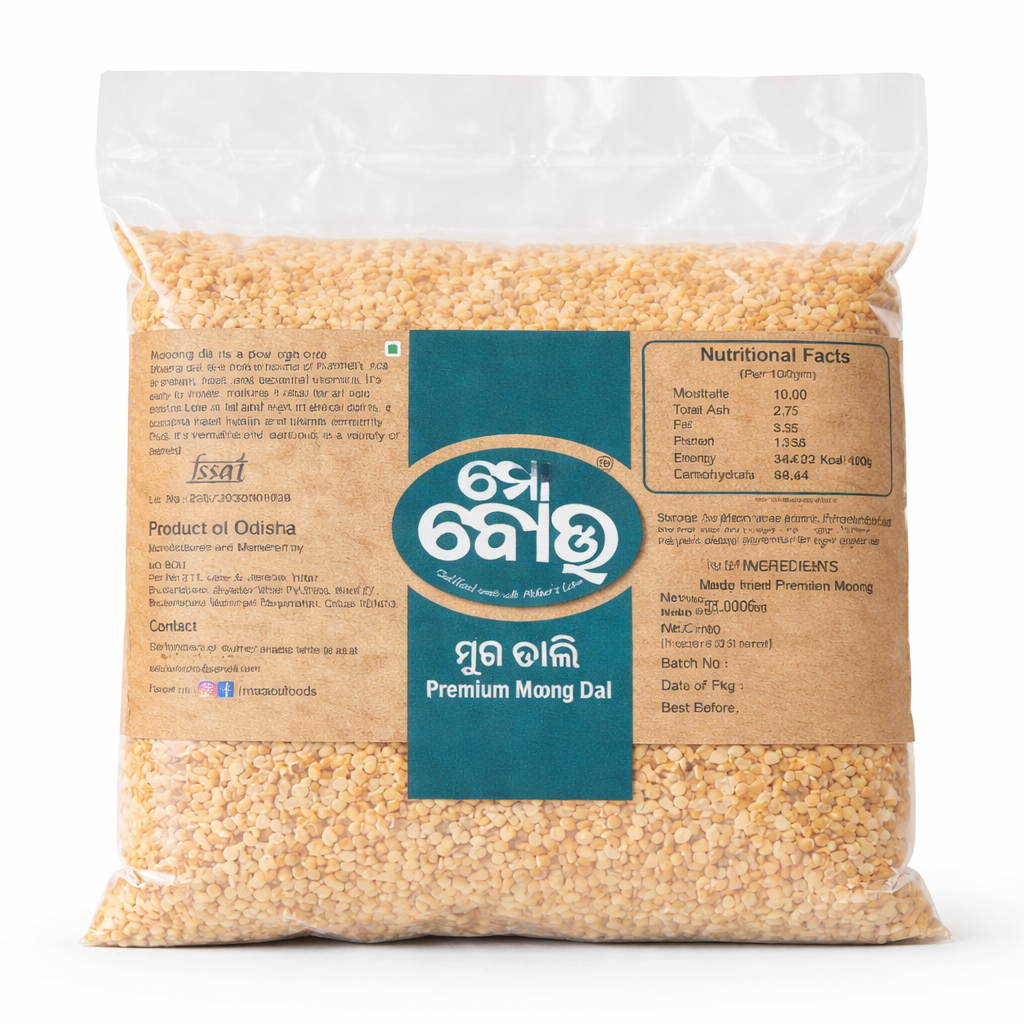 Bag of premium moong dal with a visible label on a white background