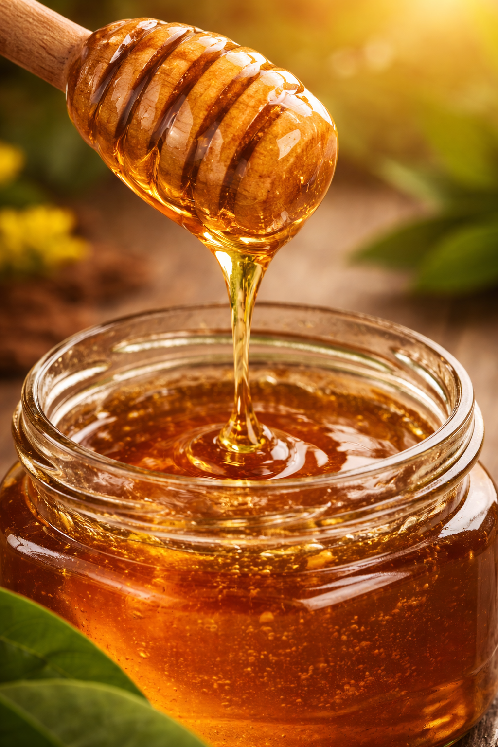Honey being dripped from a wooden dipper into a glass jar on a natural background.