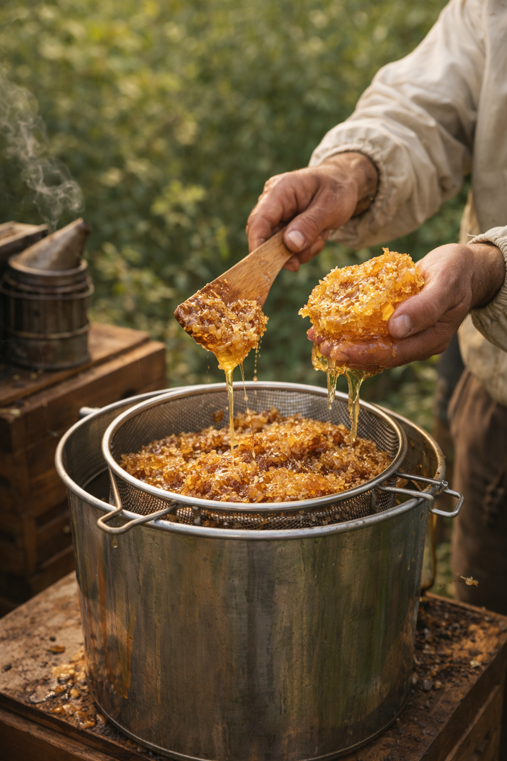 Person filtering honey with a wooden spoon outdoors