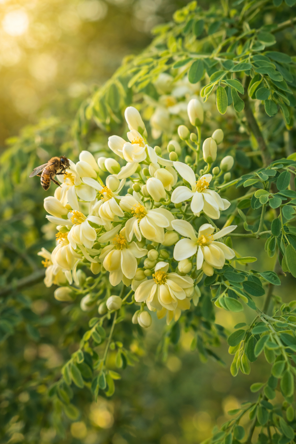Bee on a yellow flower with green leaves in the background